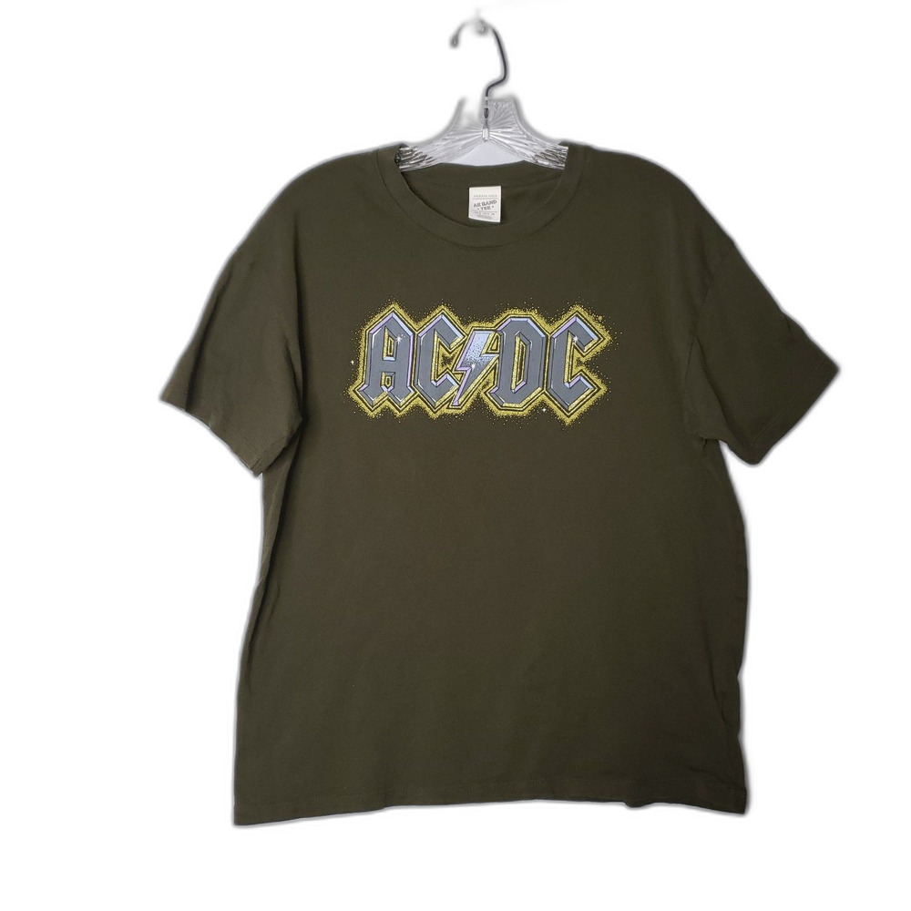 American Eagle AC/DC Army Green and Gold Glitter T Shirt Womens Size XS
